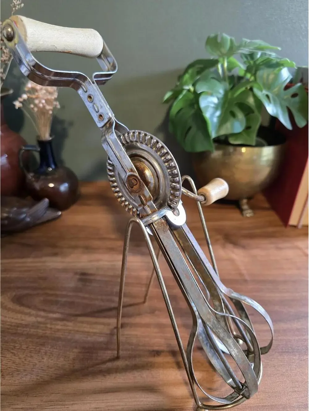 Vintage Rotary Hand Mixer / Egg Beater with Wooden Handles & Display Stand